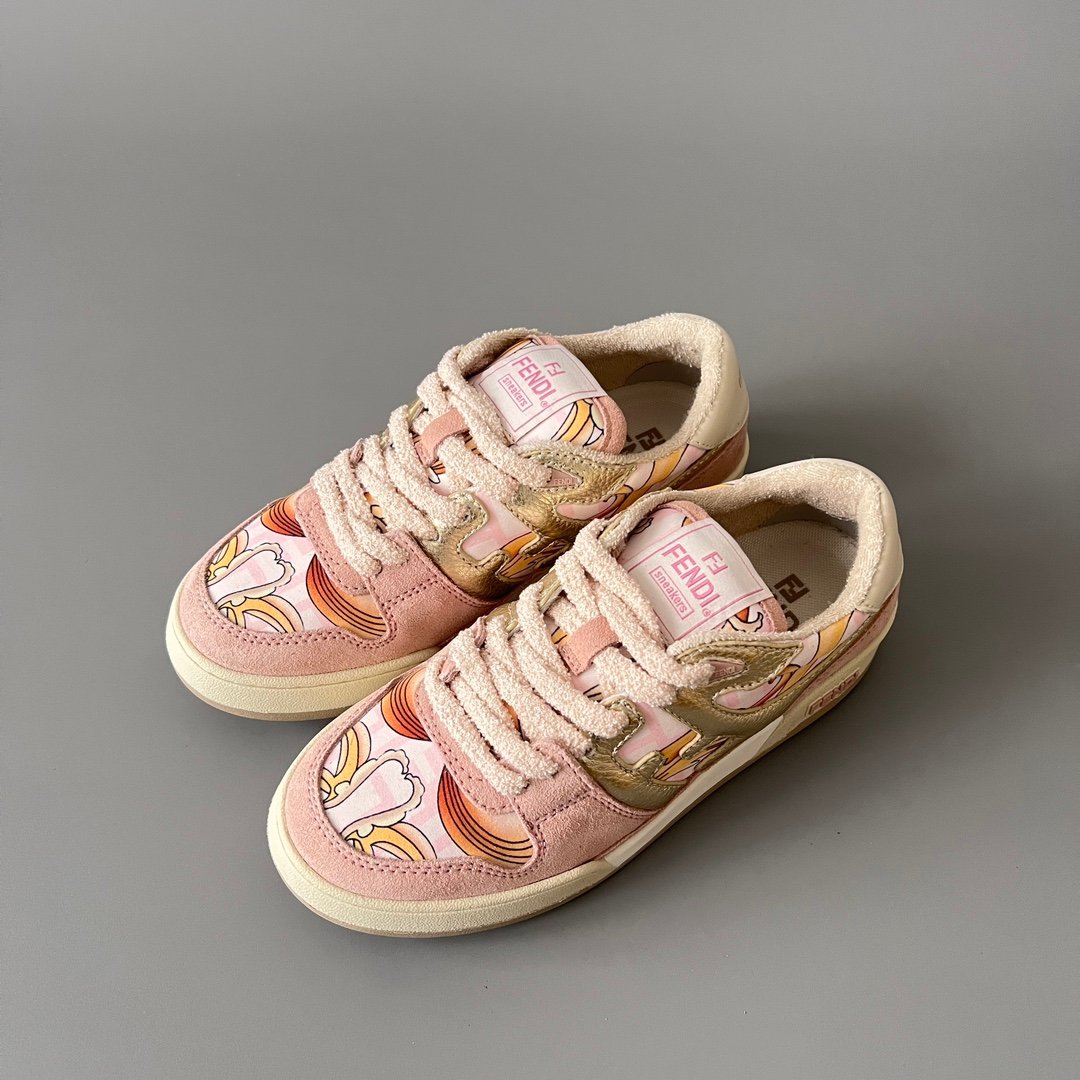 AuroraCustom Fendi Match Retro Sneakers (Metallic Gold Grain Leather, Sakura Pink Suede & Archival Monogram Swirl Print Women's Edition) - Image 8