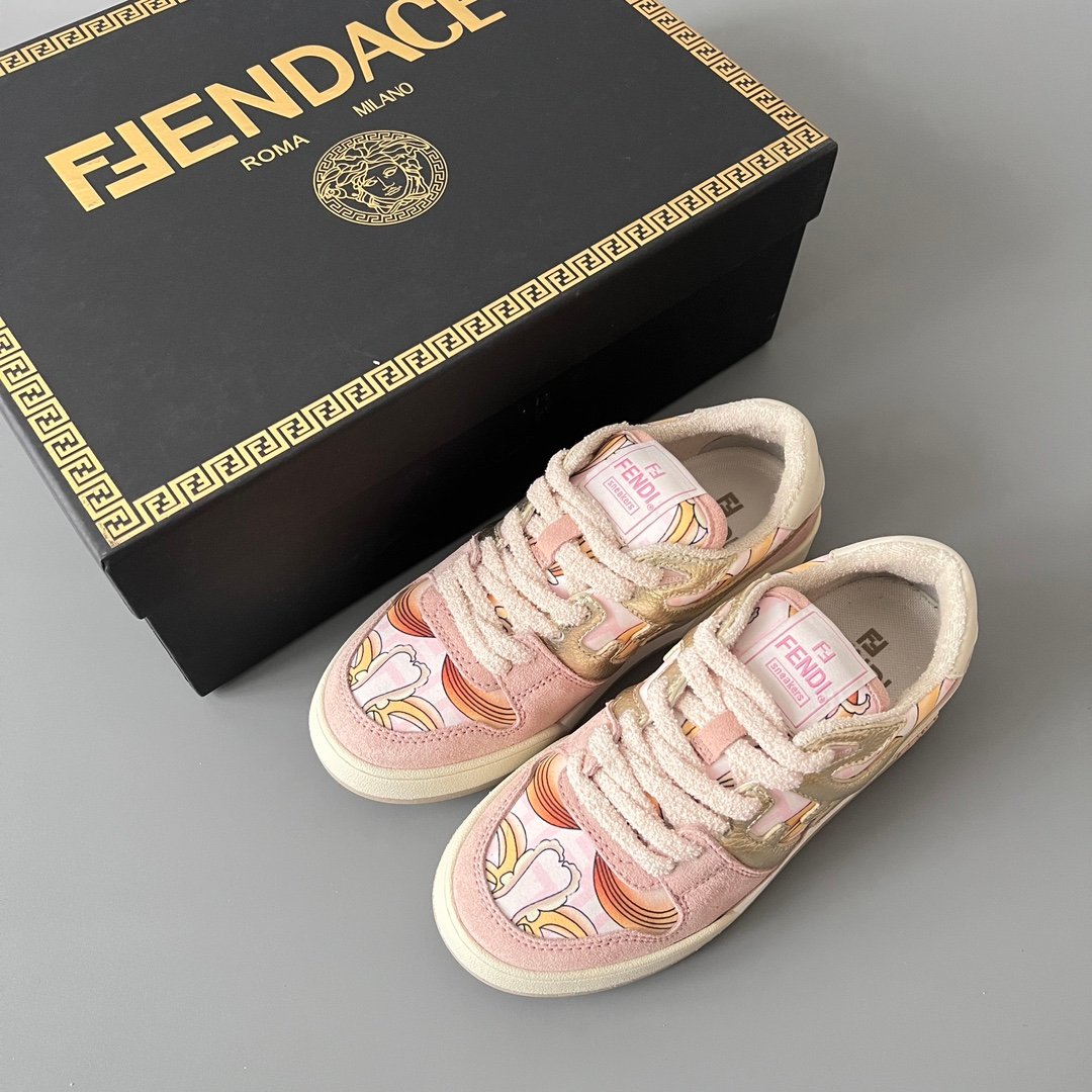 AuroraCustom Fendi Match Retro Sneakers (Metallic Gold Grain Leather, Sakura Pink Suede & Archival Monogram Swirl Print Women's Edition) - Image 9