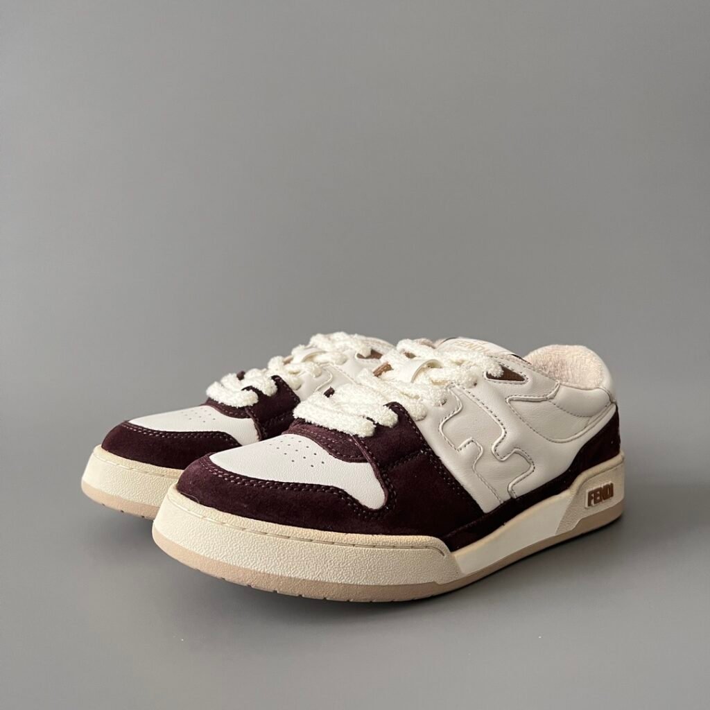 AuroraCustom Fendi Match Retro Sneakers (Pristine Cream Calfskin, Rich Burgundy Suede & Tonal Raised FF Logo Edition)