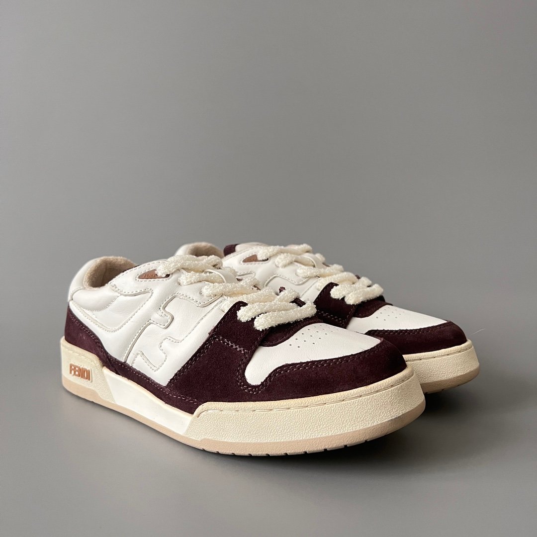 AuroraCustom Fendi Match Retro Sneakers (Pristine Cream Calfskin, Rich Burgundy Suede & Tonal Raised FF Logo Edition) - Image 3