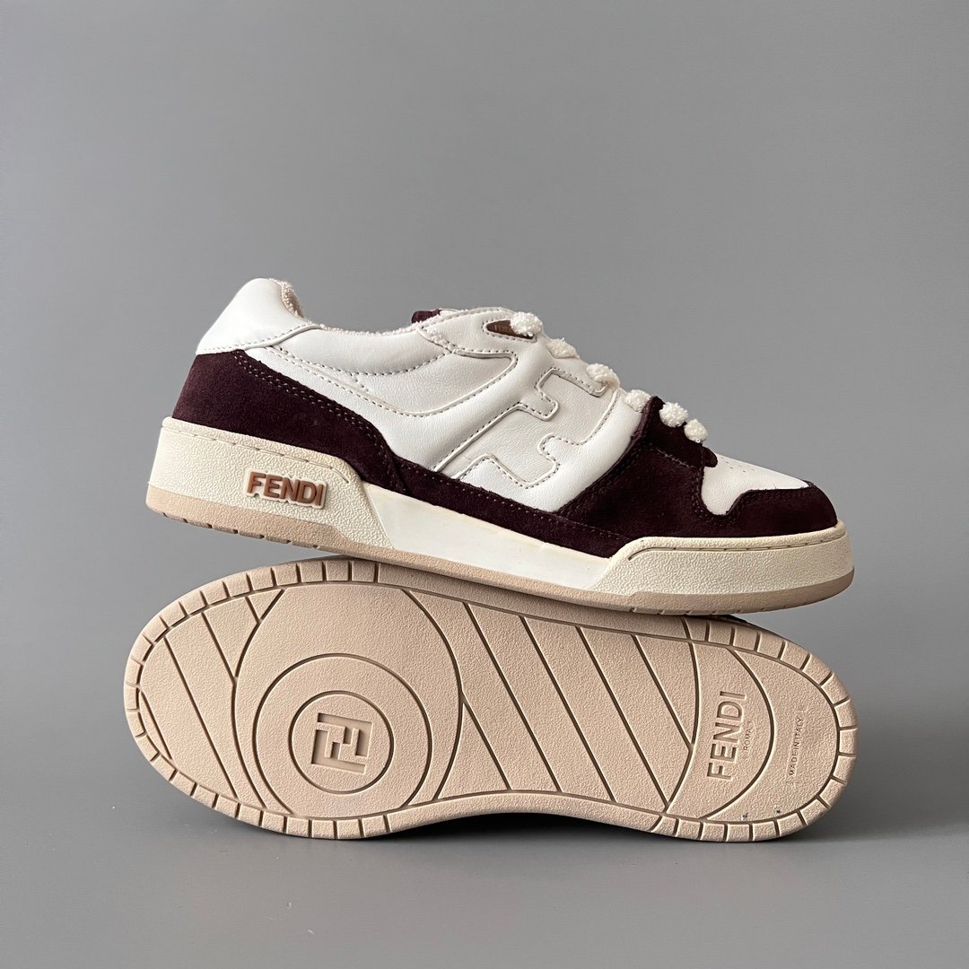 AuroraCustom Fendi Match Retro Sneakers (Pristine Cream Calfskin, Rich Burgundy Suede & Tonal Raised FF Logo Edition) - Image 6