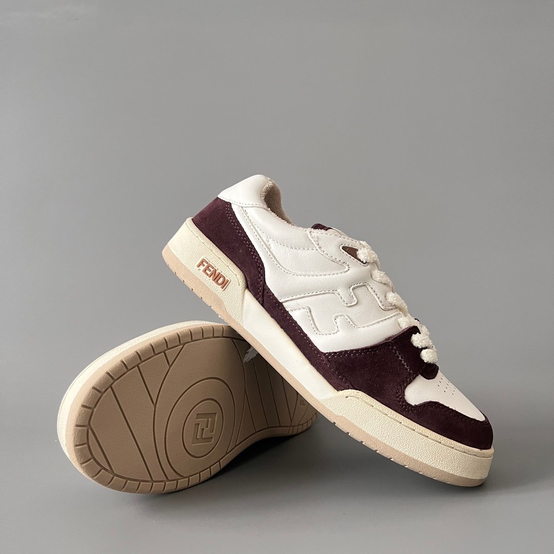 AuroraCustom Fendi Match Retro Sneakers (Pristine Cream Calfskin, Rich Burgundy Suede & Tonal Raised FF Logo Edition) - Image 7