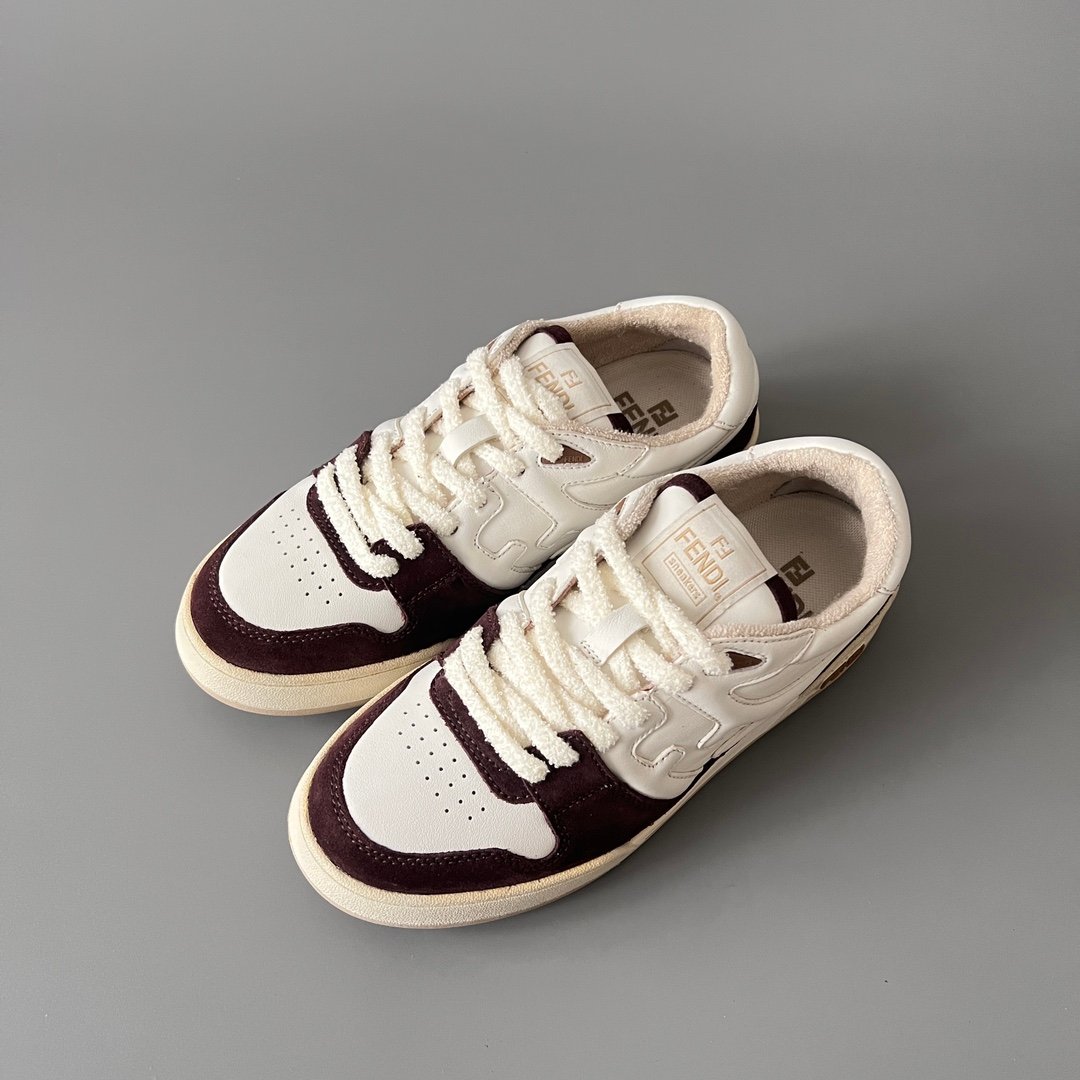 AuroraCustom Fendi Match Retro Sneakers (Pristine Cream Calfskin, Rich Burgundy Suede & Tonal Raised FF Logo Edition) - Image 8