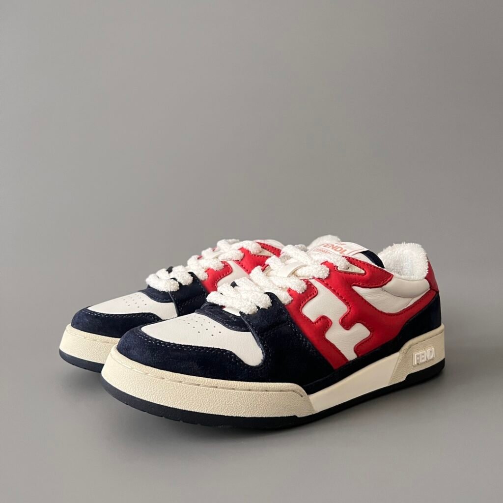 AuroraCustom Fendi Match Retro Sneakers (Pristine White Calfskin, Varsity Navy Suede & Contrast Red FF Logo Edition)