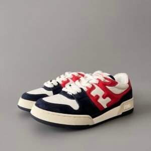 AuroraCustom Fendi Match Retro Sneakers (Pristine White Calfskin, Varsity Navy Suede & Contrast Red FF Logo Edition)