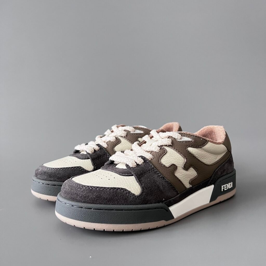 AuroraCustom Fendi Match Retro Sneakers (Pristine Cream Calfskin, Charcoal Dark Brown Suede & Mocha Leather Accent Edition)