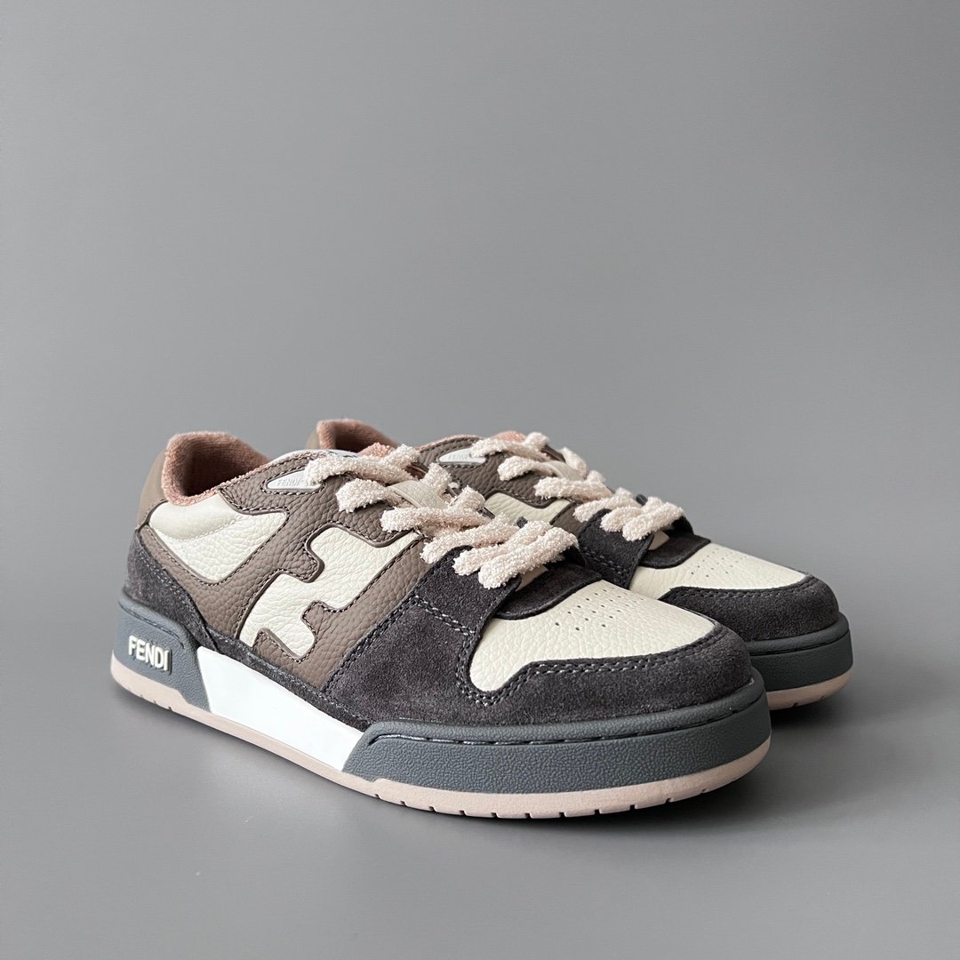 AuroraCustom Fendi Match Retro Sneakers (Pristine Cream Calfskin, Charcoal Dark Brown Suede & Mocha Leather Accent Edition) - Image 3