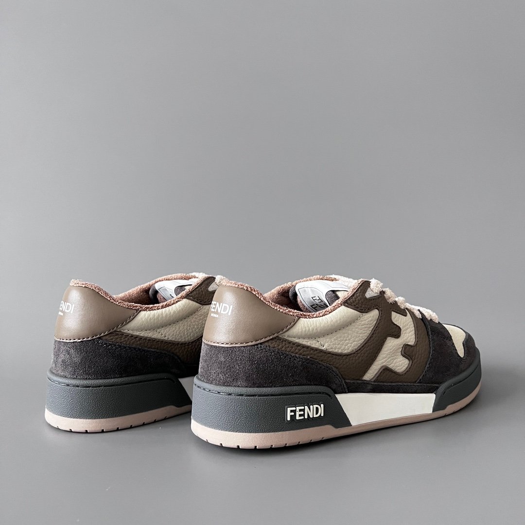 AuroraCustom Fendi Match Retro Sneakers (Pristine Cream Calfskin, Charcoal Dark Brown Suede & Mocha Leather Accent Edition) - Image 4