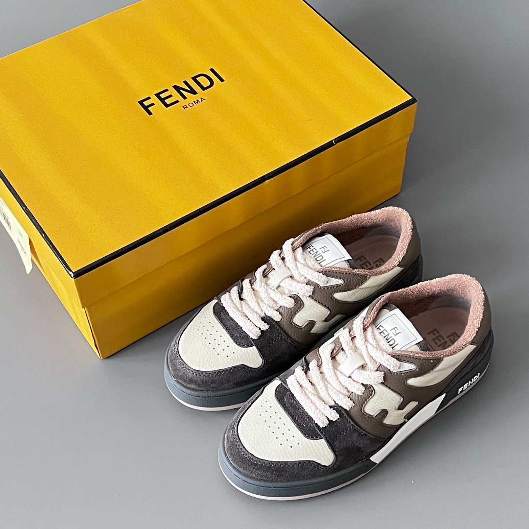 AuroraCustom Fendi Match Retro Sneakers (Pristine Cream Calfskin, Charcoal Dark Brown Suede & Mocha Leather Accent Edition) - Image 9