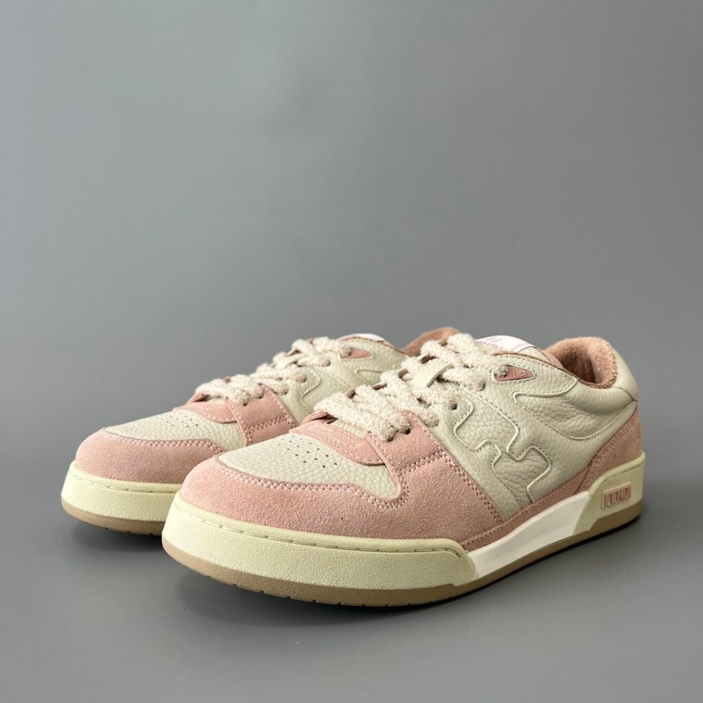 AuroraCustom Fendi Match Retro Sneakers (Pristine Cream Calfskin, Sakura Pink Suede & Tonal Raised FF Logo Women's Edition)