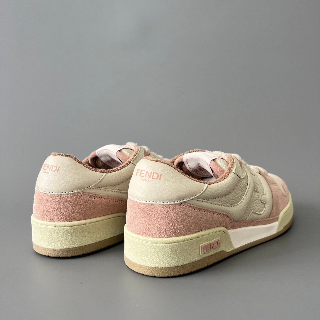 AuroraCustom Fendi Match Retro Sneakers (Pristine Cream Calfskin, Sakura Pink Suede & Tonal Raised FF Logo Women's Edition) - Image 4