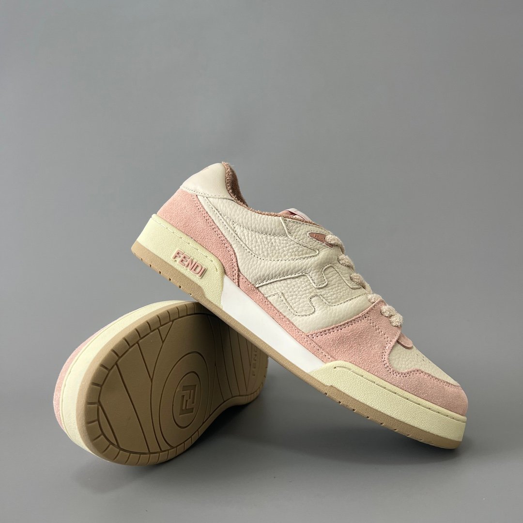 AuroraCustom Fendi Match Retro Sneakers (Pristine Cream Calfskin, Sakura Pink Suede & Tonal Raised FF Logo Women's Edition) - Image 7
