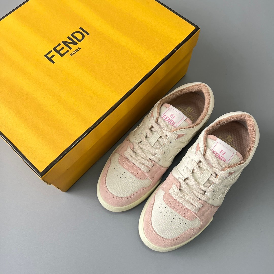 AuroraCustom Fendi Match Retro Sneakers (Pristine Cream Calfskin, Sakura Pink Suede & Tonal Raised FF Logo Women's Edition) - Image 9