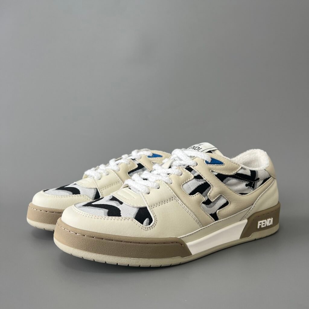 AuroraCustom Fendi Match Retro Sneakers (Pristine Cream Calfskin, Tonal Leather FF Logo & Abstract Monogram Jacquard Edition)