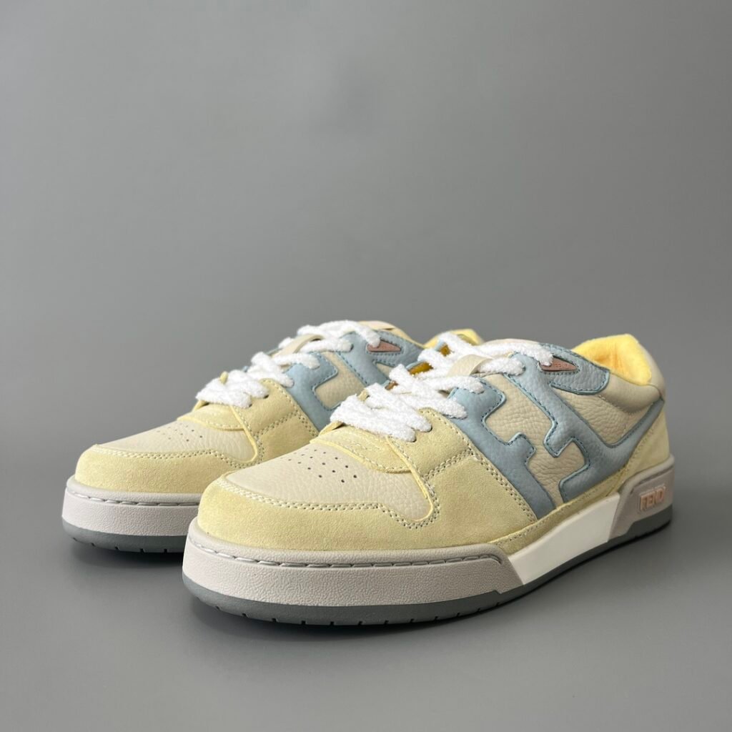 AuroraCustom Fendi Match Retro Sneakers (Pristine Cream Calfskin, Pastel Lemon Yellow Suede & Powder Blue Accent Edition)
