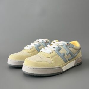 AuroraCustom Fendi Match Retro Sneakers (Pristine Cream Calfskin, Pastel Lemon Yellow Suede & Powder Blue Accent Edition)