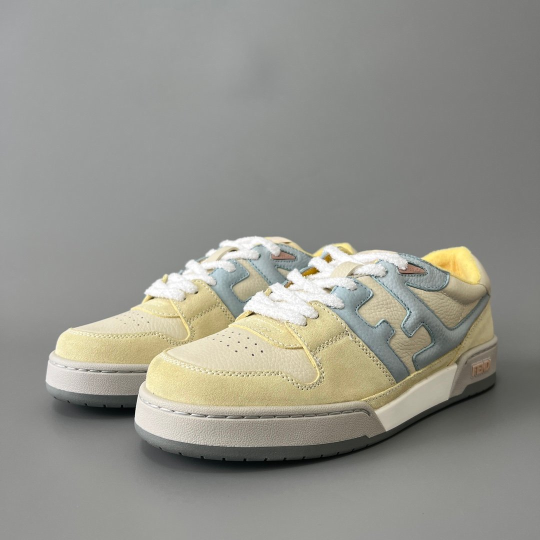 AuroraCustom Fendi Match Retro Sneakers (Pristine Cream Calfskin, Pastel Lemon Yellow Suede & Powder Blue Accent Edition)