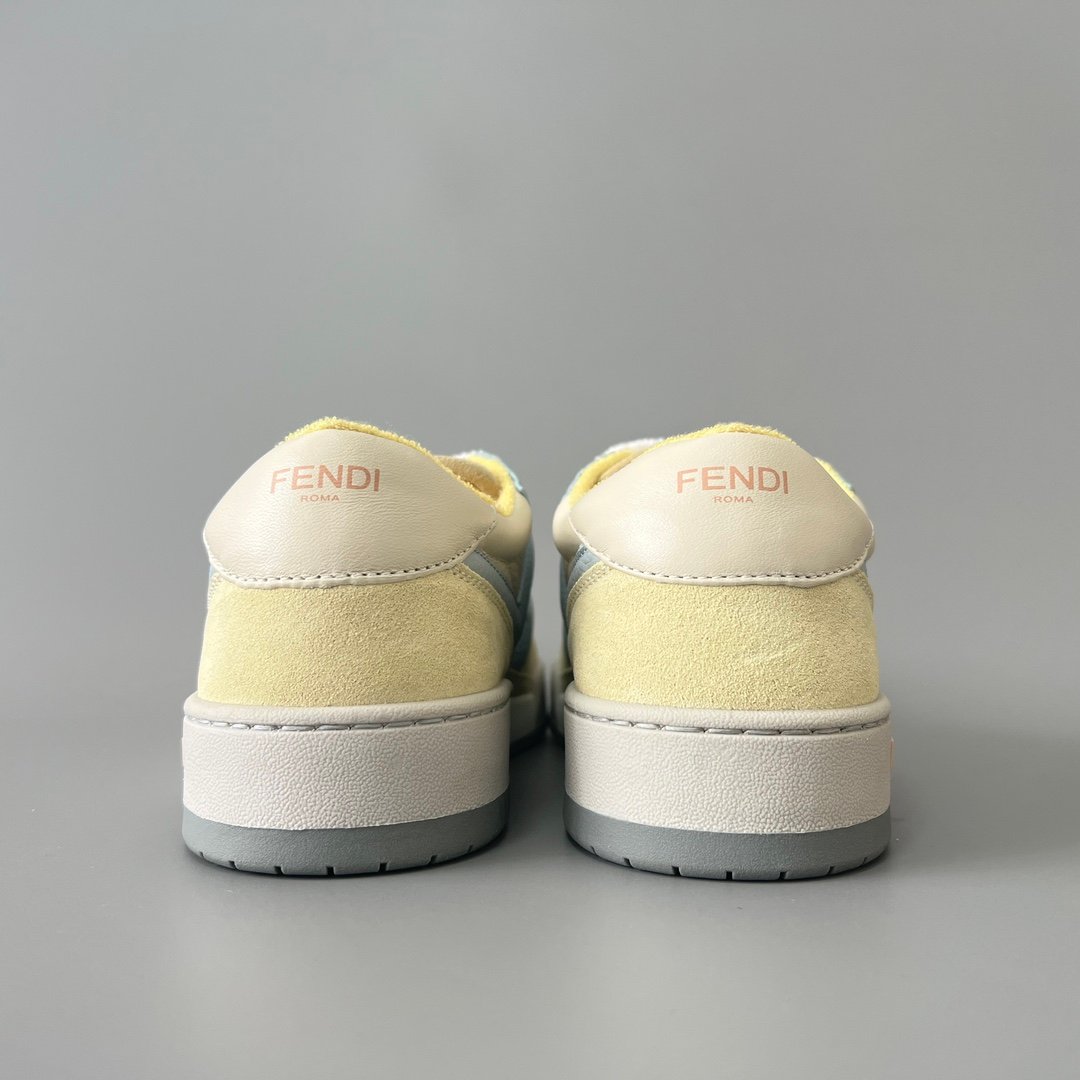 AuroraCustom Fendi Match Retro Sneakers (Pristine Cream Calfskin, Pastel Lemon Yellow Suede & Powder Blue Accent Edition) - Image 5