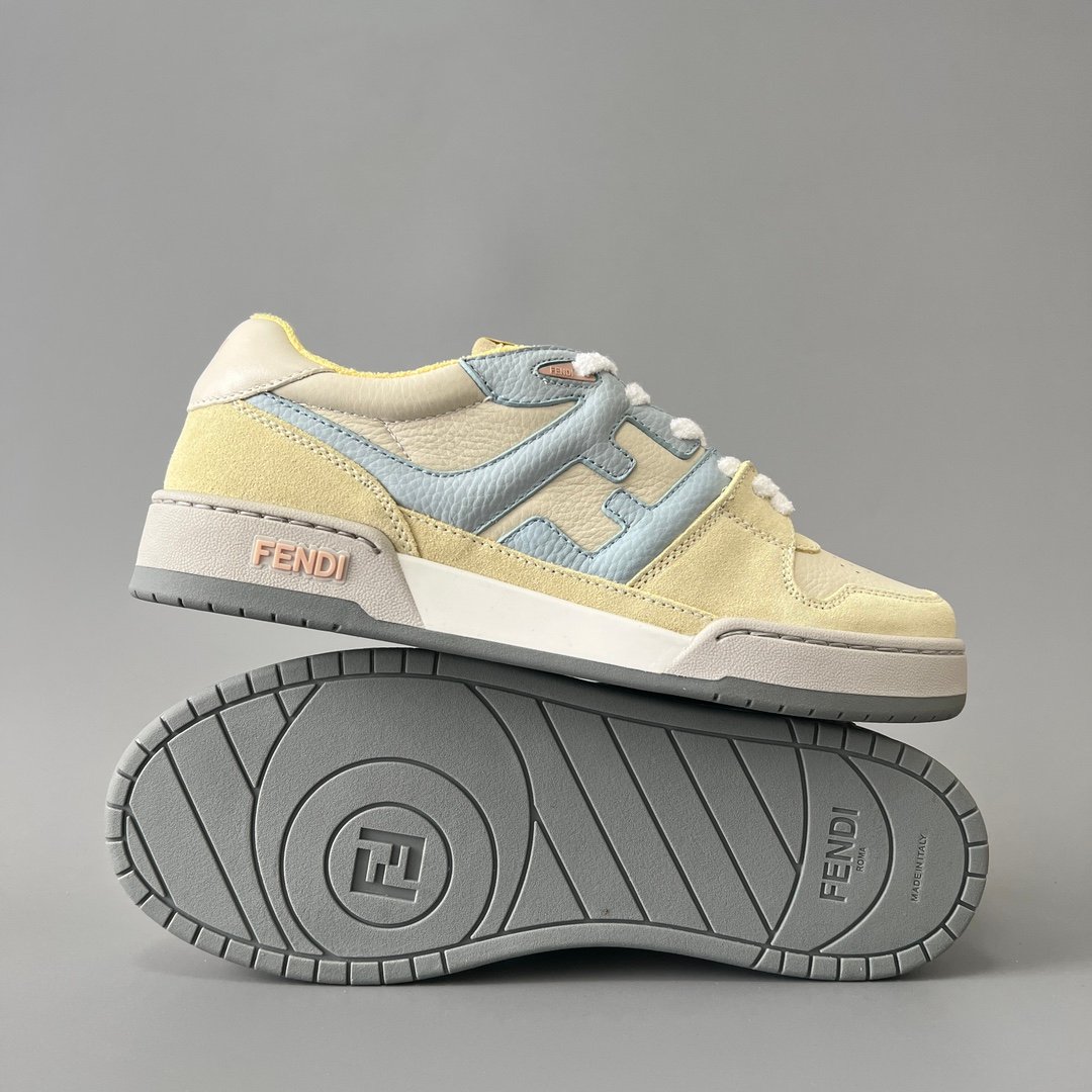 AuroraCustom Fendi Match Retro Sneakers (Pristine Cream Calfskin, Pastel Lemon Yellow Suede & Powder Blue Accent Edition) - Image 6