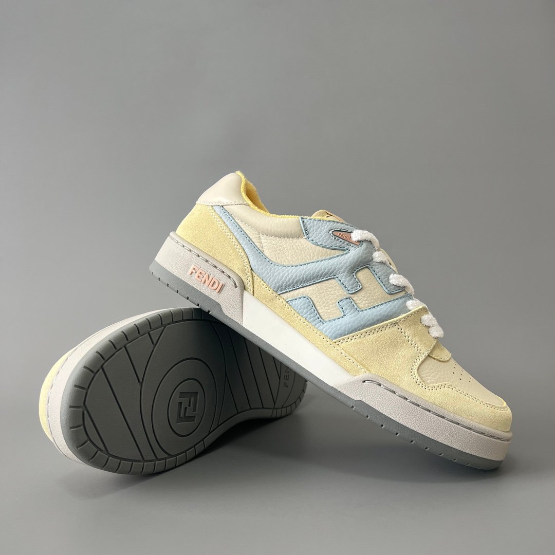 AuroraCustom Fendi Match Retro Sneakers (Pristine Cream Calfskin, Pastel Lemon Yellow Suede & Powder Blue Accent Edition) - Image 7