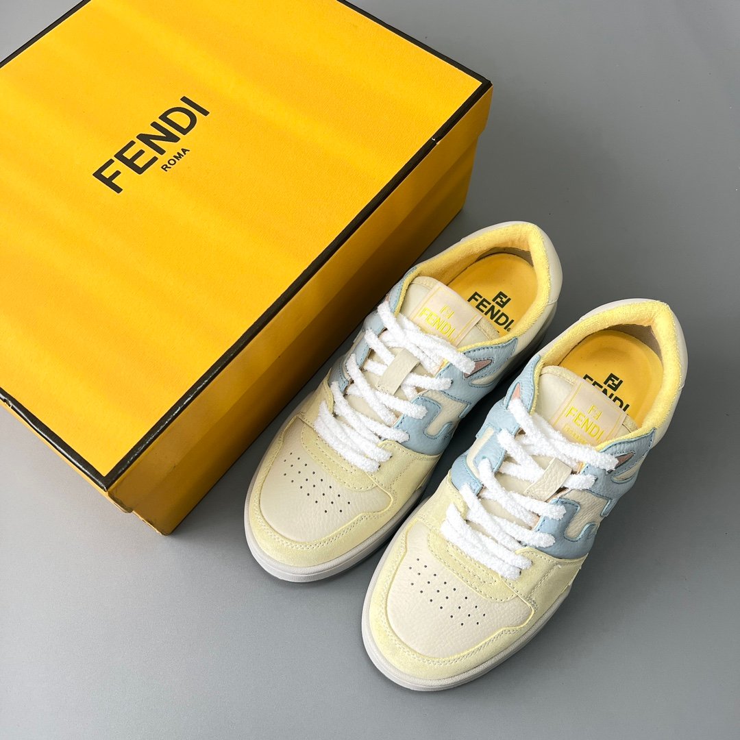 AuroraCustom Fendi Match Retro Sneakers (Pristine Cream Calfskin, Pastel Lemon Yellow Suede & Powder Blue Accent Edition) - Image 9