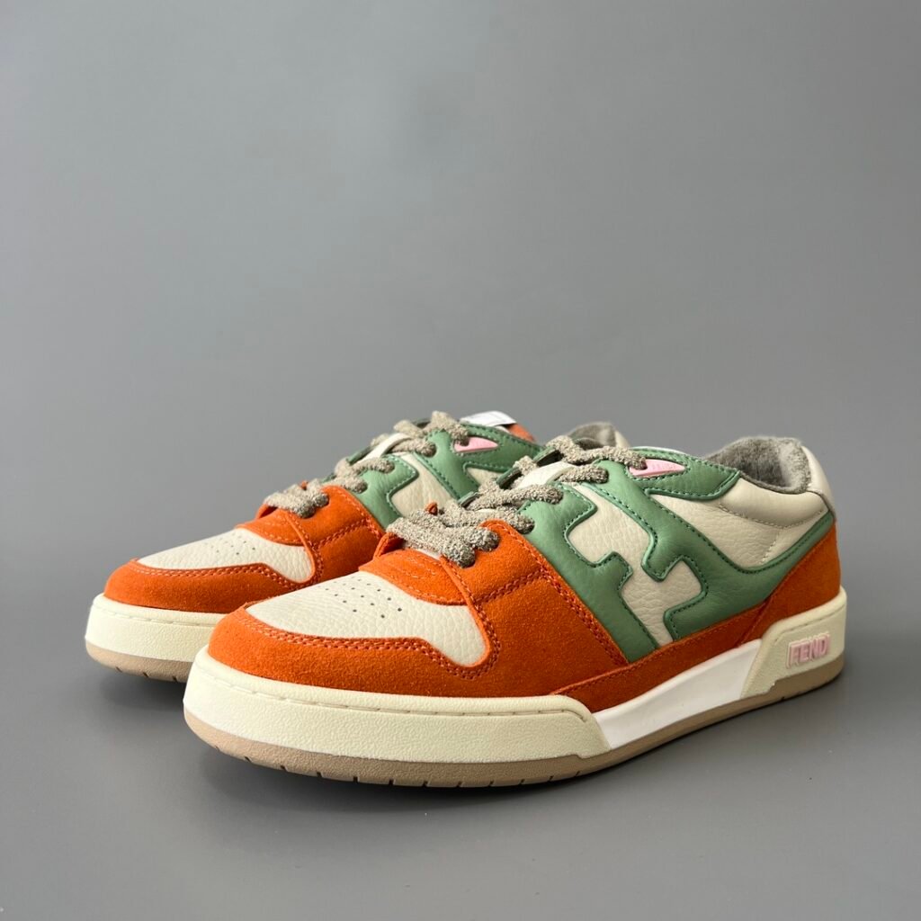 AuroraCustom Fendi Match Retro Sneakers (Pristine Cream Calfskin, Vibrant Tangerine Orange Suede & Sage Green Accent Edition)