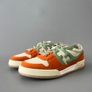AuroraCustom Fendi Match Retro Sneakers (Pristine Cream Calfskin, Vibrant Tangerine Orange Suede & Sage Green Accent Edition)