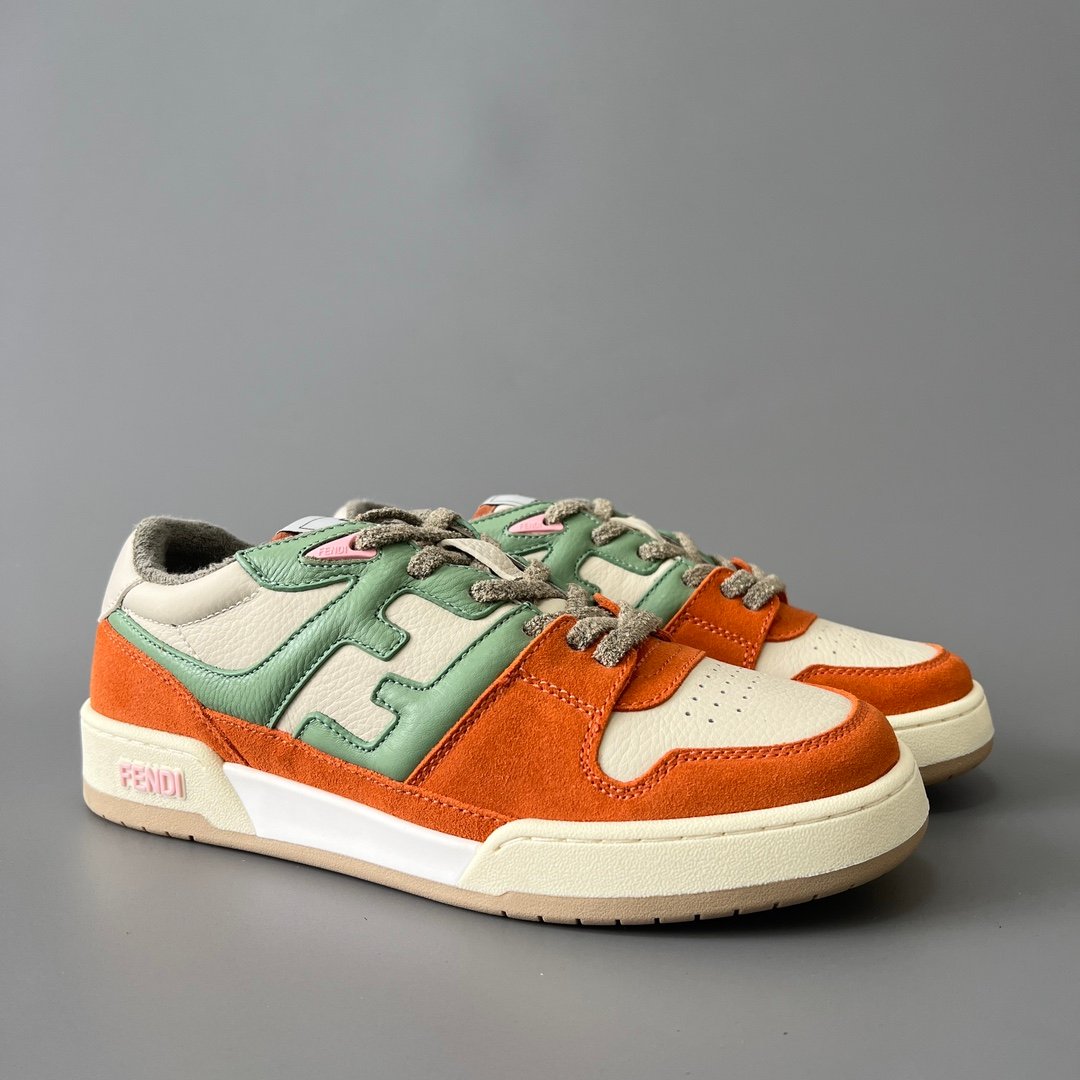 AuroraCustom Fendi Match Retro Sneakers (Pristine Cream Calfskin, Vibrant Tangerine Orange Suede & Sage Green Accent Edition) - Image 3