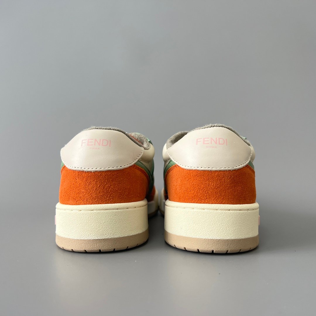 AuroraCustom Fendi Match Retro Sneakers (Pristine Cream Calfskin, Vibrant Tangerine Orange Suede & Sage Green Accent Edition) - Image 5
