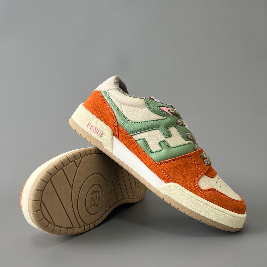 AuroraCustom Fendi Match Retro Sneakers (Pristine Cream Calfskin, Vibrant Tangerine Orange Suede & Sage Green Accent Edition) - Image 7