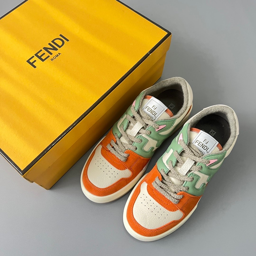 AuroraCustom Fendi Match Retro Sneakers (Pristine Cream Calfskin, Vibrant Tangerine Orange Suede & Sage Green Accent Edition) - Image 9