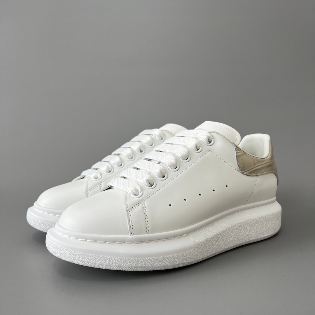 AuroraCustom Alexander McQueen Oversized Sneakers (Premium Off-White Silk Calfskin & Khaki Croc-Embossed Leather Heel Tab Edition)