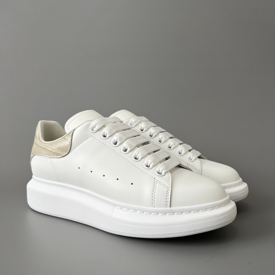 AuroraCustom Alexander McQueen Oversized Sneakers (Premium Off-White Silk Calfskin & Khaki Croc-Embossed Leather Heel Tab Edition) - Image 3