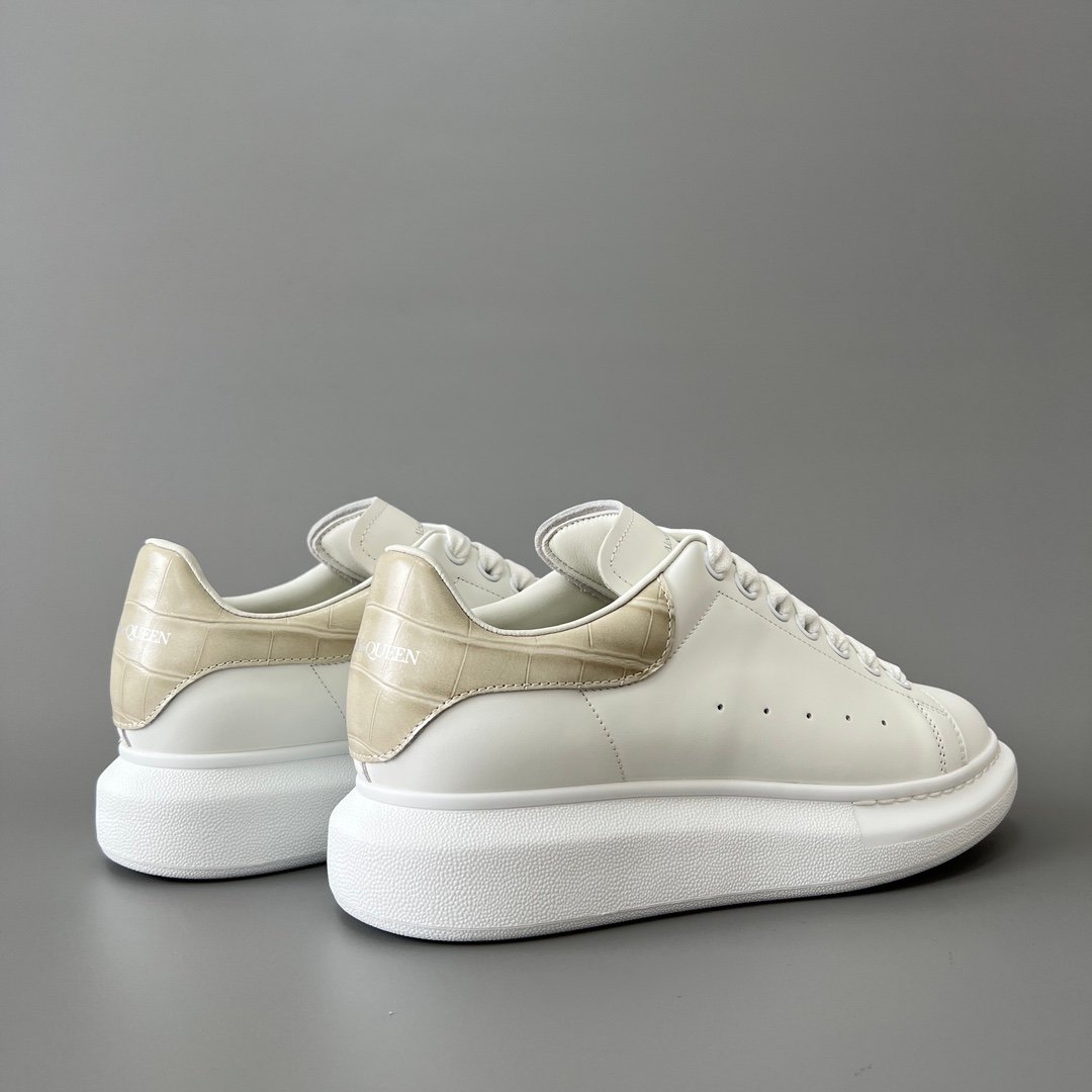 AuroraCustom Alexander McQueen Oversized Sneakers (Premium Off-White Silk Calfskin & Khaki Croc-Embossed Leather Heel Tab Edition) - Image 4