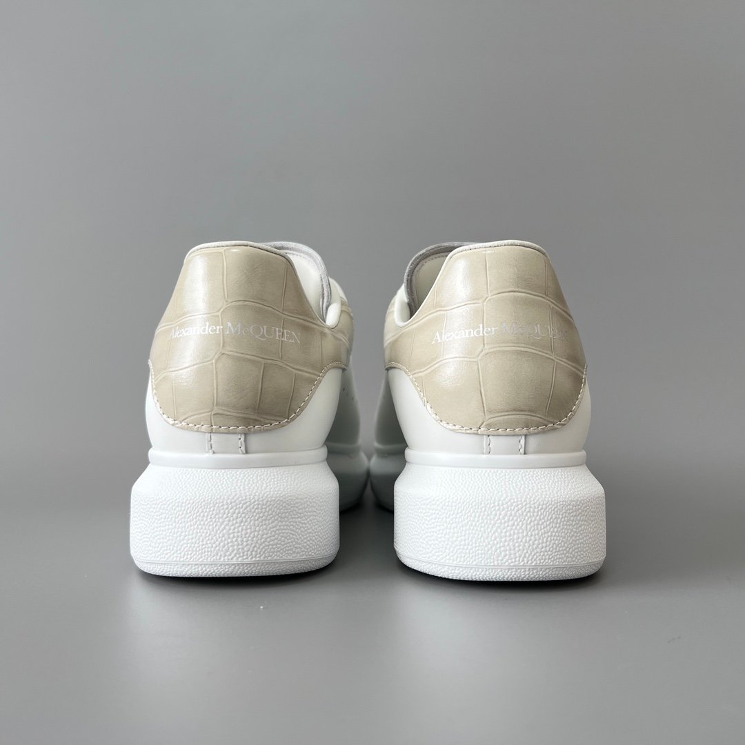 AuroraCustom Alexander McQueen Oversized Sneakers (Premium Off-White Silk Calfskin & Khaki Croc-Embossed Leather Heel Tab Edition) - Image 5
