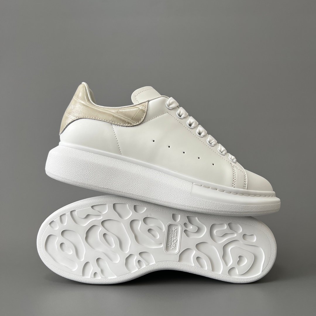 AuroraCustom Alexander McQueen Oversized Sneakers (Premium Off-White Silk Calfskin & Khaki Croc-Embossed Leather Heel Tab Edition) - Image 6