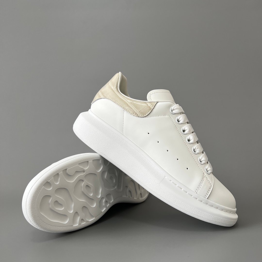 AuroraCustom Alexander McQueen Oversized Sneakers (Premium Off-White Silk Calfskin & Khaki Croc-Embossed Leather Heel Tab Edition) - Image 7