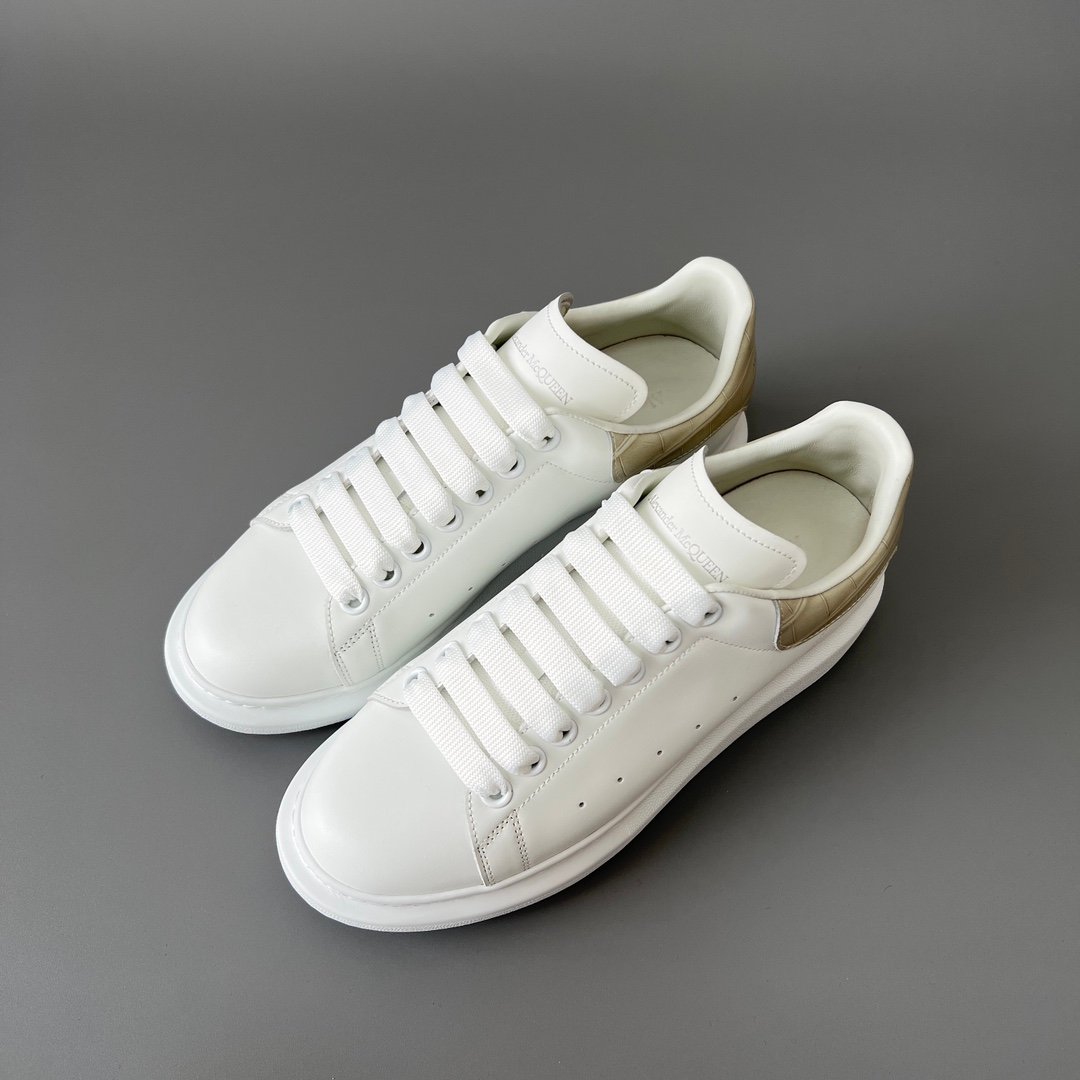 AuroraCustom Alexander McQueen Oversized Sneakers (Premium Off-White Silk Calfskin & Khaki Croc-Embossed Leather Heel Tab Edition) - Image 8
