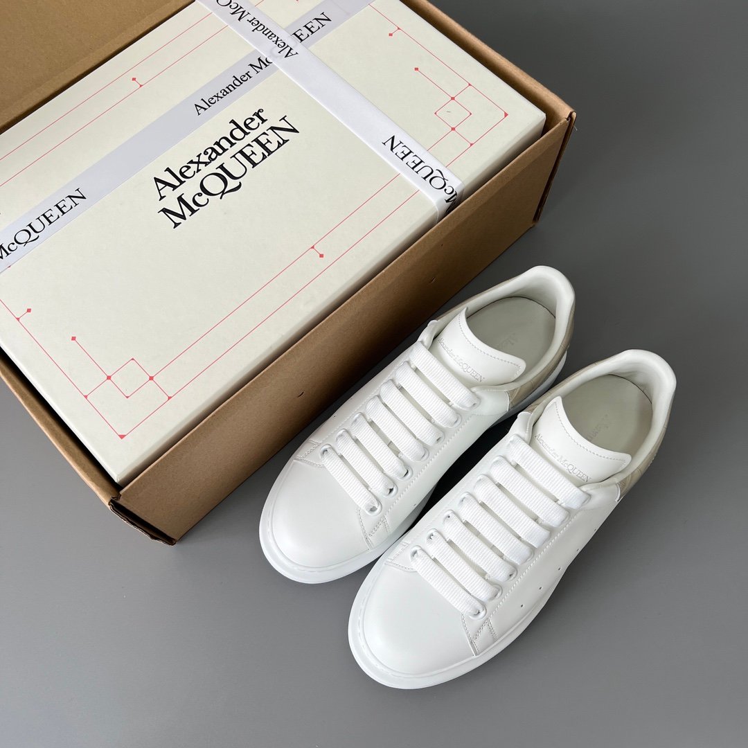 AuroraCustom Alexander McQueen Oversized Sneakers (Premium Off-White Silk Calfskin & Khaki Croc-Embossed Leather Heel Tab Edition) - Image 9