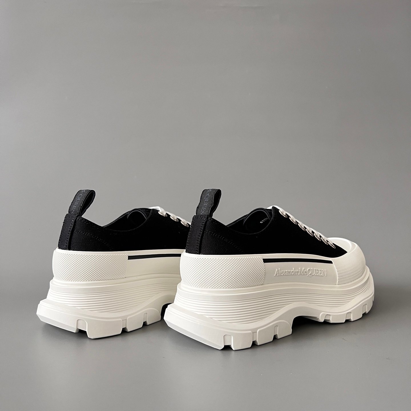 AuroraCustom Alexander McQueen Tread Slick Low-Top Sneakers (Premium High-Density Black Canvas & White Sculpted Lug Sole Edition) - Image 4