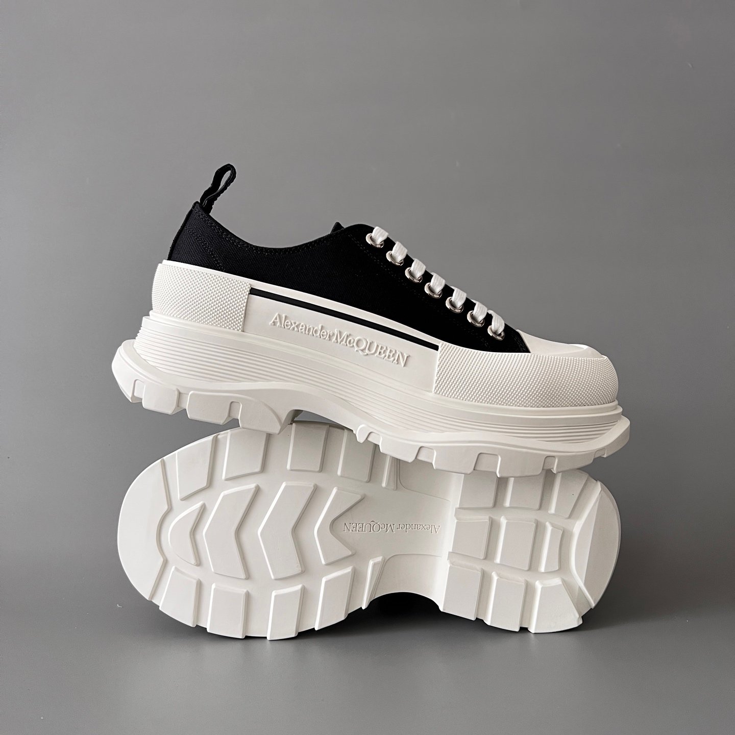 AuroraCustom Alexander McQueen Tread Slick Low-Top Sneakers (Premium High-Density Black Canvas & White Sculpted Lug Sole Edition) - Image 6