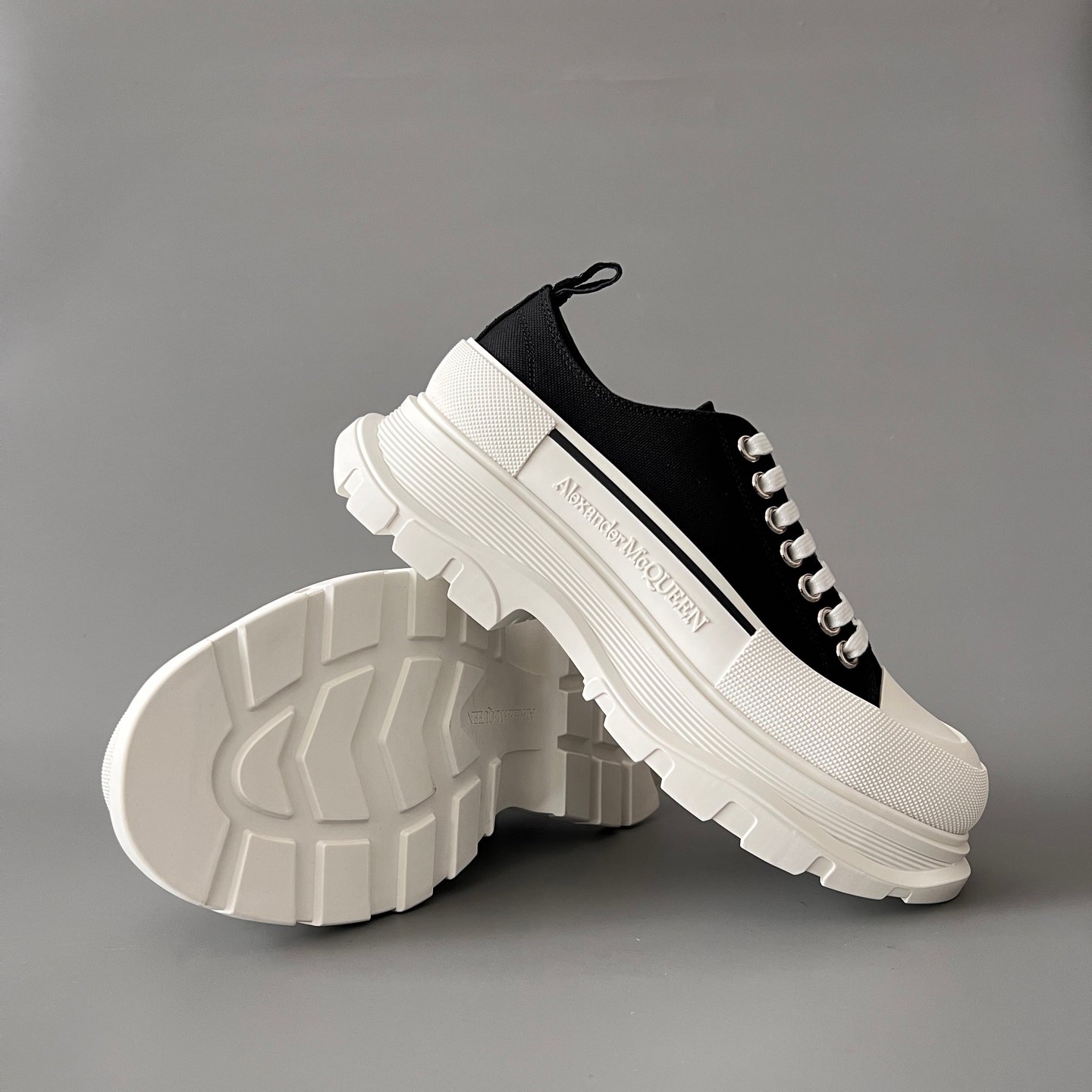 AuroraCustom Alexander McQueen Tread Slick Low-Top Sneakers (Premium High-Density Black Canvas & White Sculpted Lug Sole Edition) - Image 7