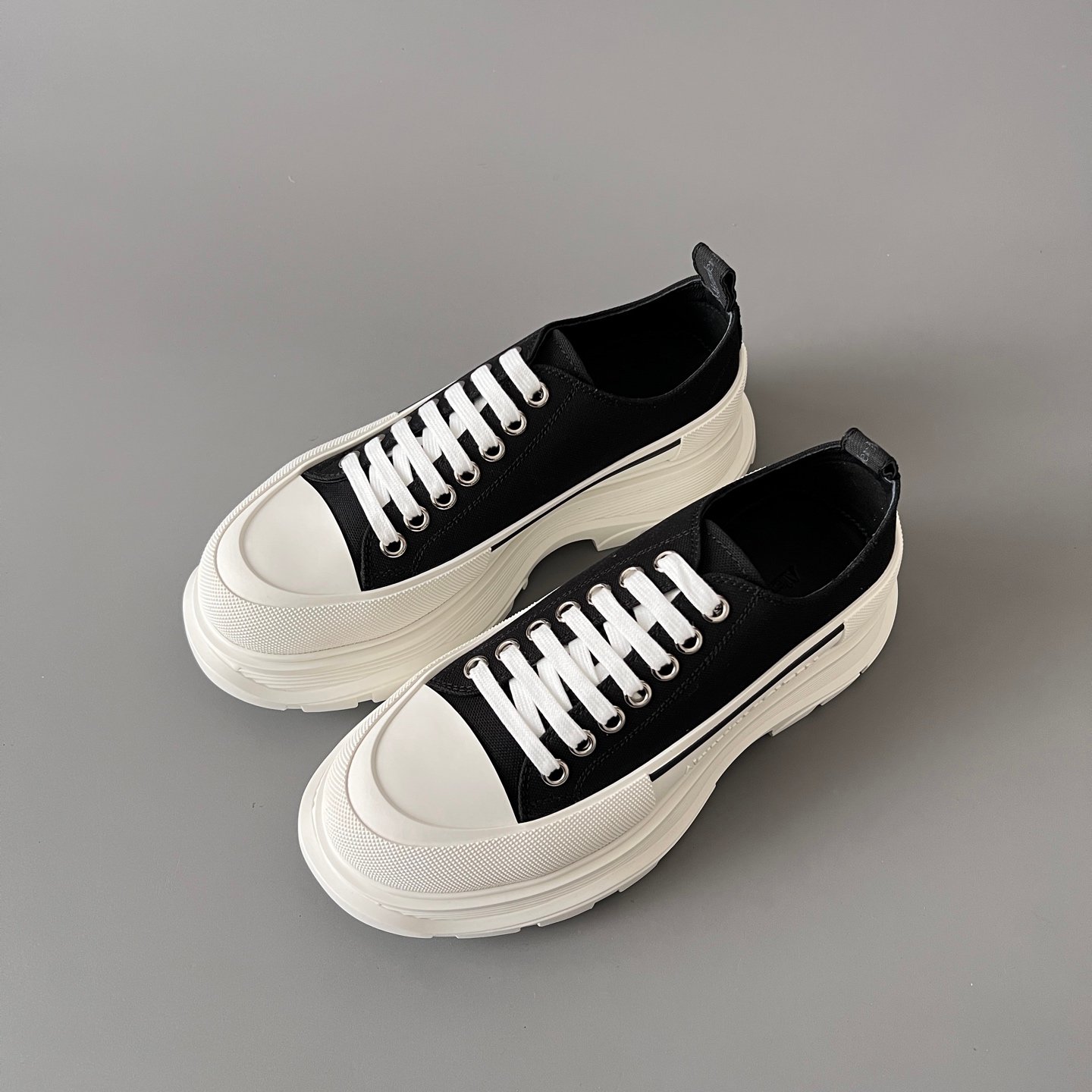 AuroraCustom Alexander McQueen Tread Slick Low-Top Sneakers (Premium High-Density Black Canvas & White Sculpted Lug Sole Edition) - Image 8