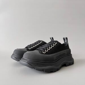 AuroraCustom Alexander McQueen Tread Slick Low-Top Sneakers (Premium High-Density Jet Black Canvas & Monochromatic Black Sculpted Lug Sole Edition)