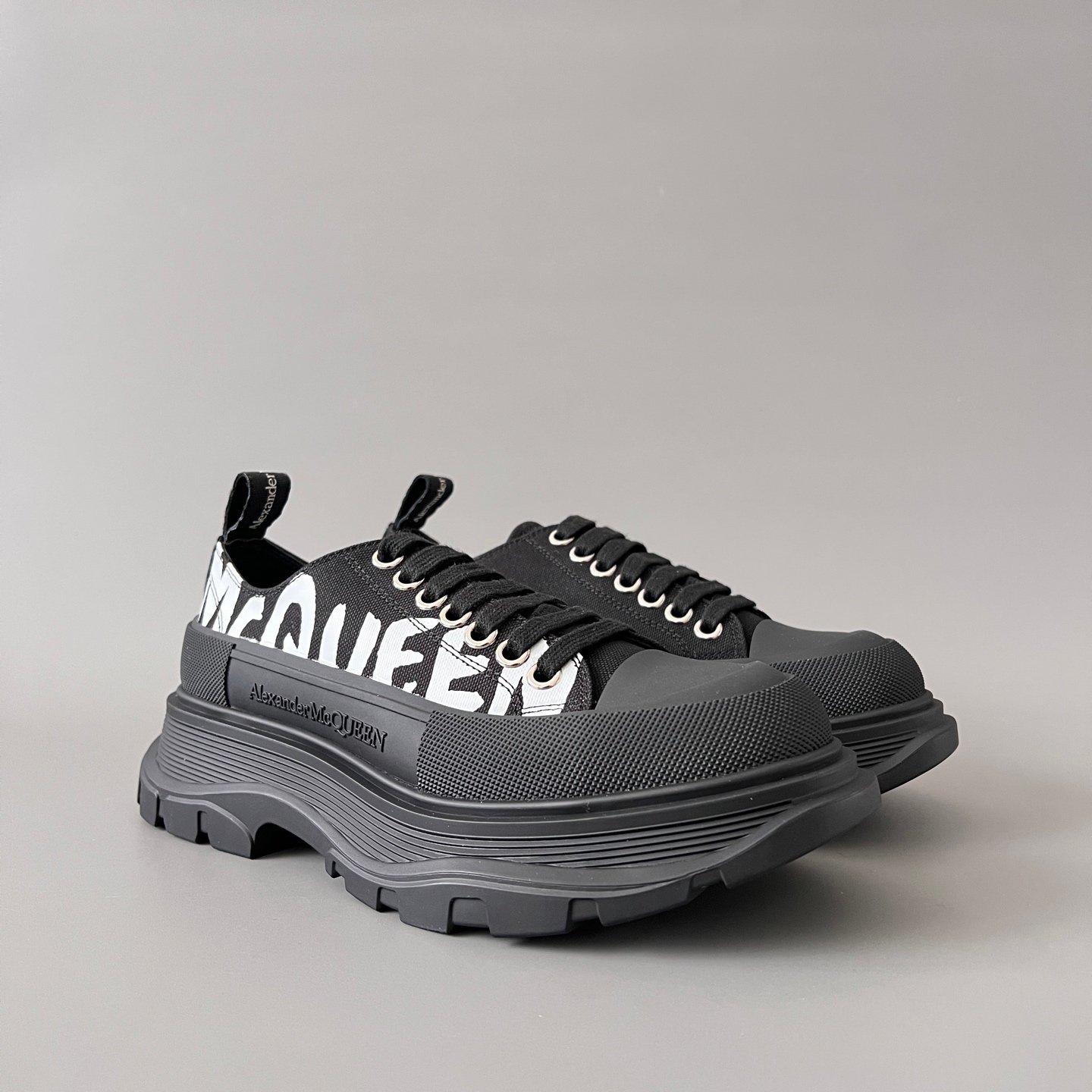 AuroraCustom Alexander McQueen Tread Slick Low-Top Sneakers (Premium High-Density Black Canvas & Graffiti Logo Print Edition) - Image 3