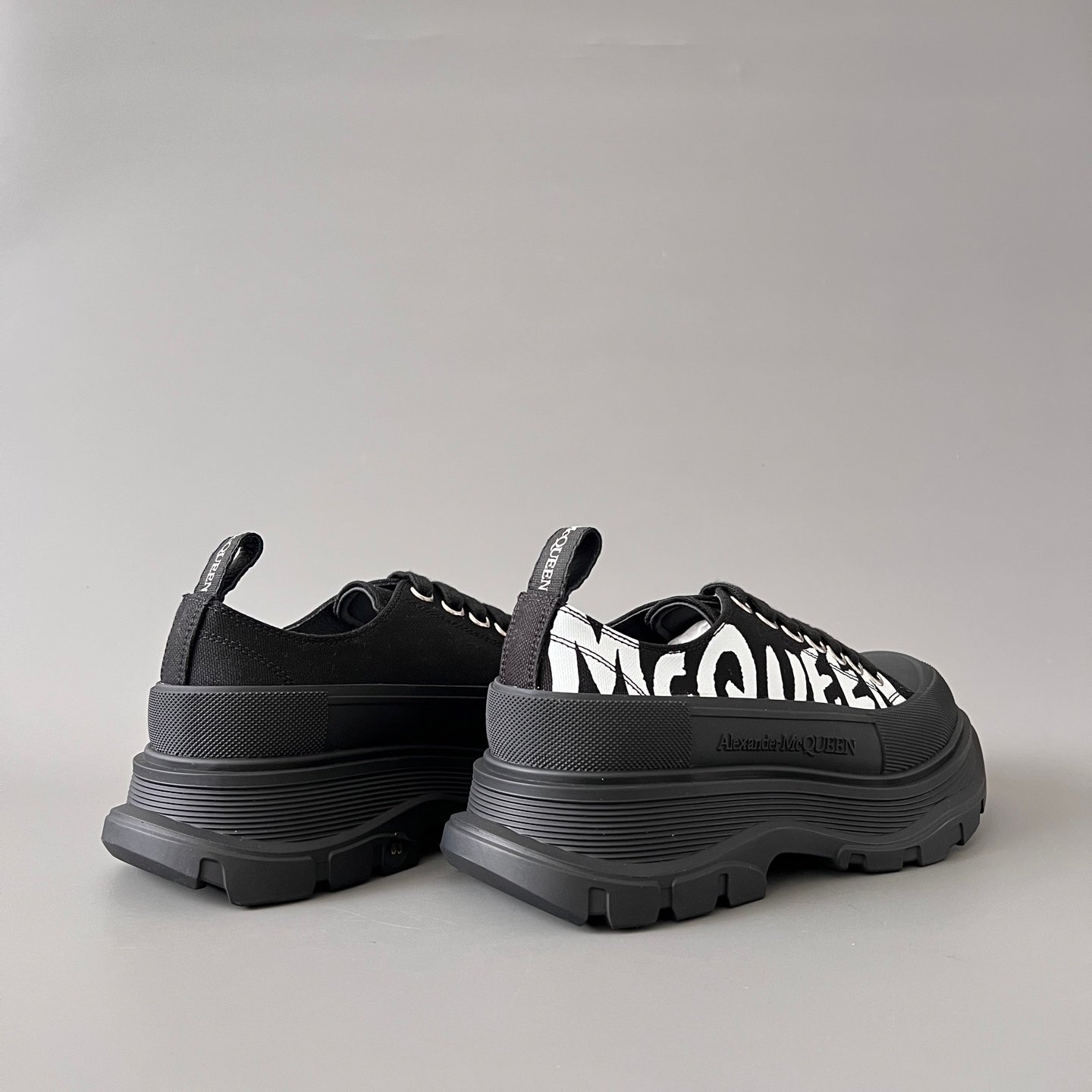 AuroraCustom Alexander McQueen Tread Slick Low-Top Sneakers (Premium High-Density Black Canvas & Graffiti Logo Print Edition) - Image 4