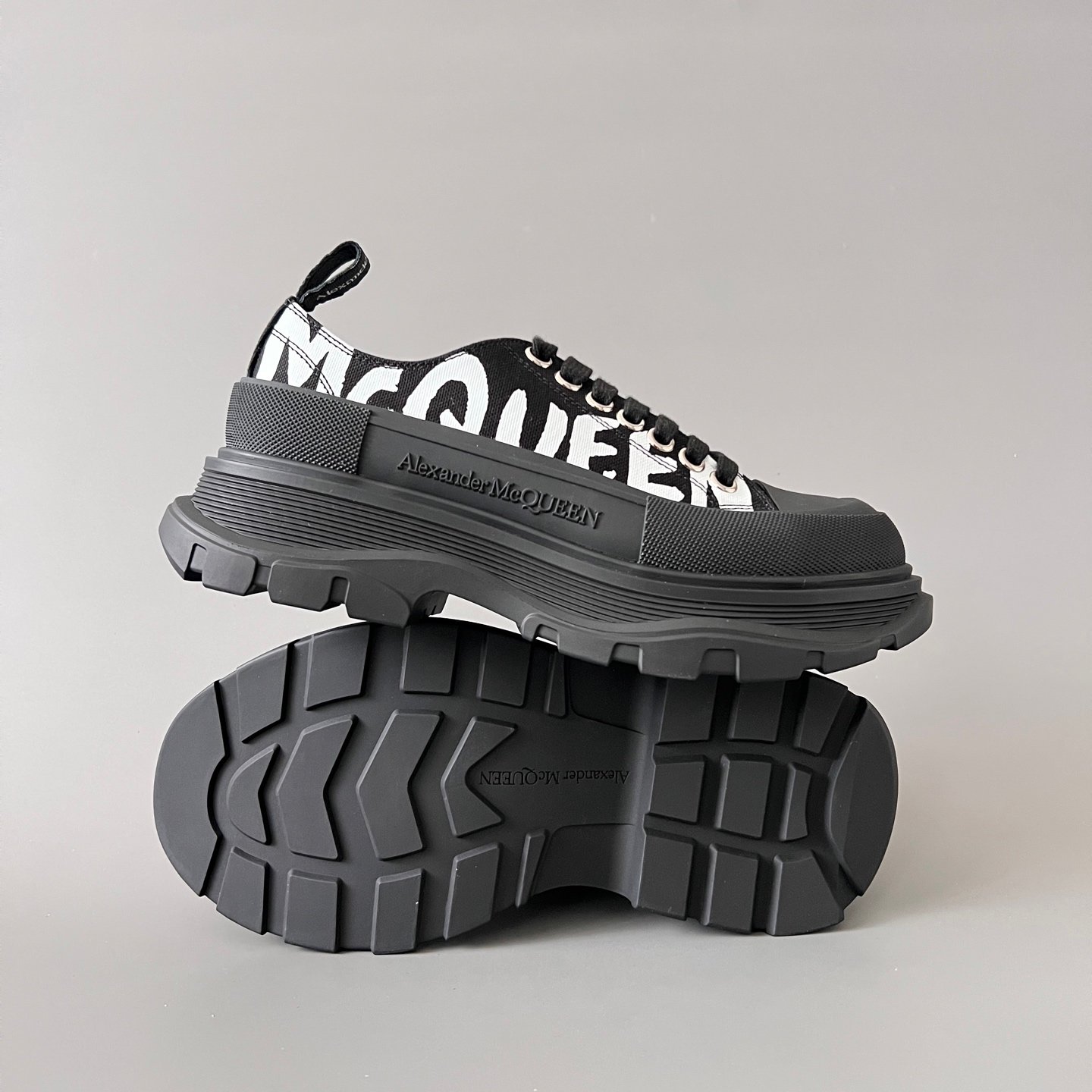 AuroraCustom Alexander McQueen Tread Slick Low-Top Sneakers (Premium High-Density Black Canvas & Graffiti Logo Print Edition) - Image 6