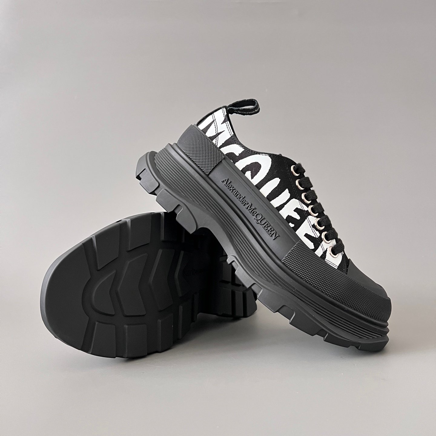 AuroraCustom Alexander McQueen Tread Slick Low-Top Sneakers (Premium High-Density Black Canvas & Graffiti Logo Print Edition) - Image 7
