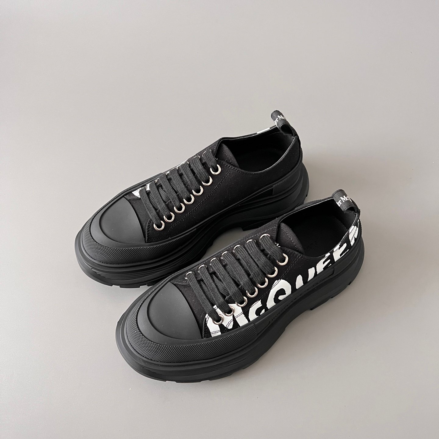AuroraCustom Alexander McQueen Tread Slick Low-Top Sneakers (Premium High-Density Black Canvas & Graffiti Logo Print Edition) - Image 8