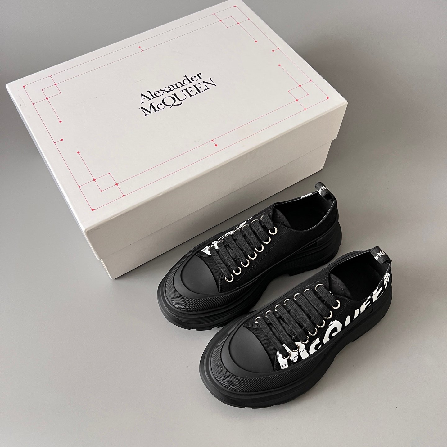 AuroraCustom Alexander McQueen Tread Slick Low-Top Sneakers (Premium High-Density Black Canvas & Graffiti Logo Print Edition) - Image 9